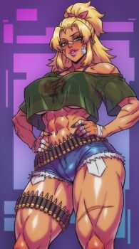 1girl abs ammunition_belt armpit_peek ass_peek bandaged_fingers bandaged_hand bandages bandaid bandaid_on_cheek bandaid_on_face bandaid_on_nose bikini black_bra black_nails blonde_hair blue_shorts bra breasts cleavage collarbone commentary crop_top csaurageul dark-skinned_female dark_skin denim denim_shorts ear_piercing english_commentary facial_scar green_eyes green_tank_top grin hair_ribbon hands_on_own_hips heart heart_print high_ponytail highres large_breasts long_eyelashes long_hair looking_at_viewer melting_heart micro_bikini midriff muscular muscular_female navel navel_piercing obliques original piercing pink_lips ponytail ribbon scar scar_on_arm scar_on_cheek scar_on_face scar_on_shoulder scar_on_thighs see-through_clothes see-through_shirt shiny_skin shirt short_shorts shorts sideboob single_off_shoulder smile standing swimsuit tank_top thick_thighs thighs underboob underwear