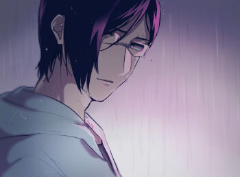 1046sstep_btoh 1boy black_hair bleach blurry commentary_request from_side glasses gradient_background hood hoodie ishida_uryuu looking_at_viewer male_focus portrait rain solo vignetting wet wet_hair white_hoodie