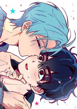 Rule 34 | 2boys, alien stage, aqua hair, arm up, bandages, birthday, black eyes, black hair, black shirt, blue hair, blue shirt, blush, brown eyes, closed eyes, commentary, confetti, dated, earrings, english text, hand on another's shoulder, hashtag-only commentary, highres, ivan (alien stage), jewelry, kinii, kiss, kissing cheek, male focus, multiple boys, red pupils, shirt, short hair, sideways, star (symbol), till (alien stage), very short hair, white background, wide-eyed, yaoi