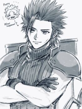 Rule 34 | 1boy, 3wa tari, animal ears, armor, arrow (symbol), black gloves, buster sword, closed mouth, commentary, crisis core: final fantasy vii, cross scar, crossed arms, dog ears, earrings, english text, facial scar, final fantasy, final fantasy vii, gloves, jewelry, looking at viewer, male focus, monochrome, ribbed sweater, scar, scar on cheek, scar on face, short hair, shoulder armor, sleeveless, sleeveless turtleneck, smile, spiked hair, stud earrings, suspenders, sweater, sword, sword on back, turtleneck, turtleneck sweater, upper body, weapon, weapon on back, zack fair