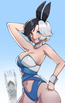 1boy 1girl animal_ears black_hair blue_eyes bodysuit breasts chinese_clothes choker heterochromia highres iron_fist_(marvel) lin_lie_(marvel) looking_at_viewer luna_snow marvel marvel_rivals mask multicolored_hair muscular muscular_male playboy_bunny rabbit_ears selvish94 short_hair simple_background smile solo split-color_hair superhero_costume two-tone_hair white_hair yellow_mask
