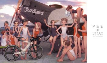 6+girls aircraft airplane all_fours arm_up artist_name ass bare_legs bare_shoulders barefoot bicycle black_hair black_one-piece_swimsuit braid breasts brown_eyes brown_hair closed_mouth day hand_on_own_hip leaning_forward long_hair looking_at_another multiple_girls murata_range on_bench on_ground one-piece_swimsuit open_mouth orange_one-piece_swimsuit original outdoors own_hands_together ponytail propeller short_hair short_twintails single_braid sitting small_breasts smile standing swimsuit twintails white_one-piece_swimsuit