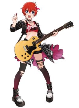 1girl :d black_choker black_jacket black_shorts blue_eyes choker crop_top cropped_jacket electric_guitar facial_mark fingernails full_body gradient_thighhighs guitar hair_ornament highres holding holding_guitar holding_instrument holding_plectrum idolmaster idolmaster_million_live! idolmaster_million_live!_theater_days instrument jacket julia_(idolmaster) julia_(meteor_bright_star)_(idolmaster) looking_at_viewer midriff o-ring o-ring_choker official_alternate_costume open_clothes open_jacket open_mouth plectrum pomikoroonigiri print_tank_top red_hair red_tank_top shoes short_hair shorts smile solo standing star_(symbol) star_choker star_facial_mark star_hair_ornament star_print tank_top teeth thighhighs torn_clothes torn_thighhighs upper_teeth_only