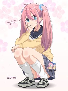 Rule 34 | 1girl, ?, absurdres, ahoge, alternate hairstyle, artist name, black sailor collar, blue eyes, blue scrunchie, blush, character doll, commentary request, doll, earrings, female focus, food, food in mouth, full body, gyaru, hair between eyes, hair ornament, hair scrunchie, hand on own cheek, hand on own face, highres, jewelry, kagamihara nadeshiko, long hair, long sleeves, looking at viewer, loose socks, motosu school uniform, neckerchief, panties, pantyshot, pink hair, pink panties, pleated skirt, pocky, pocky in mouth, sailor collar, school uniform, scrunchie, sentra, shoes, signature, skirt, sneakers, socks, solo, squatting, sweater, translation request, twintails, underwear, white neckerchief, white socks, yellow sweater, yurucamp