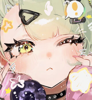 Rule 34 | !, 1girl, :<, arm warmers, bandaid, bandaid hair ornament, blush, closed mouth, collar, commentary request, drawn horns, drawn whiskers, fingernails, green eyes, green hair, hair ornament, heart, heart hair ornament, highres, looking at viewer, multiple hair clips, one eye closed, pink arm warmers, pink nails, pof h0, portrait, solo, spoken exclamation mark, star (symbol), sunna (zenless zone zero), zenless zone zero