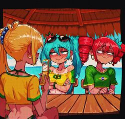 3girls ahoge akita_neru aqua_eyes aqua_hair aqua_nails arm_under_breasts averting_eyes bare_arms bare_legs bare_shoulders bead_bracelet beads bikini blonde_hair blush bracelet brazilian_flag brazilian_flag_print brazilian_miku brazilian_miku_(cosplay) breasts caught cellphone cleavage commentary cosplay cropped_shirt crossed_arms dimples_of_venus drill_hair ear_blush earrings english_commentary eyewear_on_head flag_print flip_phone flower hair_between_eyes hair_bobbles hair_flower hair_ornament hairband hatsune_miku highres holding holding_phone hoop_earrings jewelry kasane_teto long_hair medium_breasts midriff multiple_girls nail_polish nervous_sweating nose_blush off-shoulder_shirt off_shoulder osidid phone red_hairband shirt short_sleeves side-tie_bikini_bottom side_ponytail smile sunglasses sweat swimsuit table tan tanline triple_baka_(vocaloid) twin_drills vocaloid wavy_mouth yuri
