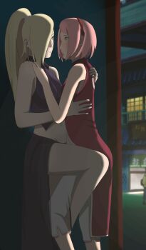 2girls absurdres against_wall alley bare_arms bare_legs bare_shoulders blonde_hair blue_eyes blush boruto:_naruto_next_generations crop_top dark dress eye_contact feet_out_of_frame female_focus friends green_eyes hair_over_one_eye haruno_sakura highres implied_sex implied_yuri leg_lift leg_up long_hair looking_at_another low-key_lighting mature_female midriff multiple_girls naruto_(classic) naruto_(series) night no_panties optimystic outdoors pants pink_hair ponytail short_hair sidelighting sleeveless sleeveless_dress smile standing tribadism very_long_hair yamanaka_ino yuri