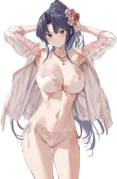 1girl armpits arms_behind_head arms_up black_hair blush bra breasts cleavage closed_mouth floral_print floral_print_bra floral_print_panties flower gluteal_fold hair_flower hair_ornament high_ponytail highres hiiragi_yuuichi jacket jewelry kanzaki_ouka kendo_shoujo large_breasts long_hair long_sleeves looking_at_viewer midriff multicolored_jacket navel necklace open_clothes open_jacket panties parted_bangs pink_bra pink_jacket pink_panties ponytail print_panties purple_eyes side-tie_panties simple_background solo thighs two-tone_jacket underwear very_long_hair white_background white_jacket