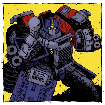 Rule 34 | 1boy, arm mounted weapon, armor, azoinab, blue armor, blue helmet, clenched hand, convoy (armada), feet out of frame, full body, grey armor, helmet, highres, male focus, mecha, mecha focus, multicolored armor, optimus prime, outstretched hand, pointing, pointing at viewer, red armor, robot, solo, transformers, transformers: armada, transformers unicron trilogy, yellow background, yellow eyes