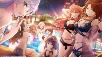 aketa_mikoto arisugawa_natsuha belly_chain bikini earrings floral_print floral_print_bikini highres higuchi_madoka ichikawa_hinana idolmaster idolmaster_shiny_colors izumi_mei jewelry looking_at_viewer multiple_girls necklace official_art pool poolside print_bikini sakuragi_mano sky star_(sky) starry_sky suzuki_hana swimsuit tanaka_mamimi