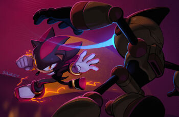 1boy 1other animal_ears black_fur brown_eyes clenched_hand commentary emerl_(sonic) english_commentary fighting furry furry_male gloves highres red_fur robot shadow_the_hedgehog shoes sonic_(series) sonic_x_shadow_generations:_dark_beginnings starrjoy two-tone_fur white_gloves