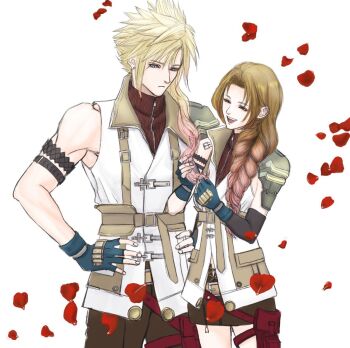1boy 1girl aerith_gainsborough aerith_gainsborough_(guardian_corps_uniform) alternate_costume aqua_eyes armband black_armband blonde_hair brown_hair brown_pants brown_skirt brown_sweater cloud_strife cosplay earrings elbow_gloves falling_petals final_fantasy final_fantasy_vii final_fantasy_vii:_ever_crisis fingerless_gloves frown gloves hair_between_eyes hair_over_shoulder hand_in_another&#039;s_hair hands_in_another&#039;s_hair hands_on_own_hips jewelry lightning_farron lightning_farron_(cosplay) long_hair official_alternate_costume open_mouth pants parted_bangs petals pouch red_petals short_hair_with_long_locks single_bare_shoulder single_elbow_glove single_shoulder_pad skirt sleeveless sleeveless_turtleneck smile spiked_hair sweater thigh_pouch turtleneck veil white_background white_veil ws_alte