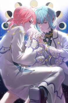 Rule 34 | 2boys, blue hair, brothers, fragaria memories, highres, holding hands, jihya, klarkstella (fragaria memories), looking at viewer, louterstella (fragaria memories), low ponytail, male focus, moon phases, multicolored hair, multiple boys, parted lips, pink hair, ponytail, siblings, sky, smile, star (sky), star (symbol), starry background, starry sky, teeth, twins