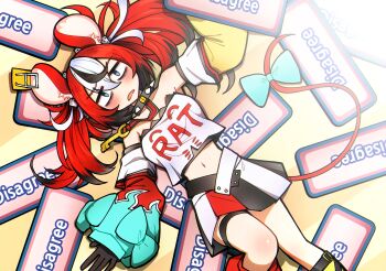 1girl agreeee animal_ears asymmetrical_sleeves bare_shoulders black_collar bow breasts clothes_writing collar commentary crop_top ddolbang dice_hair_ornament english_commentary exhausted from_above hair_ornament hakos_baelz hakos_baelz_(1st_costume) highres hololive hololive_english layered_sleeves long_sleeves lying mismatched_sleeves mouse_ears mouse_girl mouse_tail multicolored_hair multicolored_skirt off-shoulder_shirt off_shoulder on_back red_hair shirt short_over_long_sleeves short_sleeves skirt solo spiked_collar spikes streaked_hair tail tail_bow tail_ornament thigh_strap virtual_youtuber white_shirt