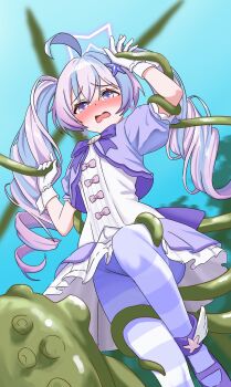 1girl absurdres ahoge blue_archive blue_hair blush bow bowtie commentary_request convenient_leg day dress dress_bow drill_hair dutch_angle earrings embarrassed foot_out_of_frame frilled_dress frills furrowed_brow gloves hair_intakes hair_ornament halo highres jewelry knee_up long_hair looking_at_viewer magical_girl mary_janes multicolored_hair nose_blush official_alternate_costume official_alternate_hairstyle open_mouth outdoors pantyhose pink_hair pink_halo puffy_short_sleeves puffy_sleeves purple_bow purple_bowtie purple_dress purple_eyes purple_pantyhose purple_shoes reisa_(blue_archive) reisa_(magical)_(blue_archive) restrained shoes short_sleeves solo star_(symbol) star_earrings star_hair_ornament star_halo streaked_hair striped_clothes striped_pantyhose tareme tentacles twin_drills twintails two-tone_dress two-tone_hair u-ho_(uhokk00) very_long_hair wavy_mouth white_dress white_gloves