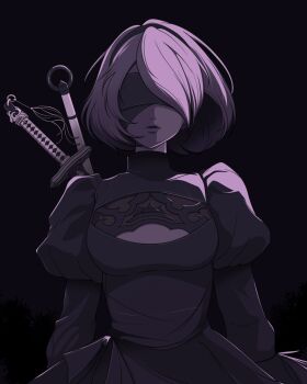 13milesapart 1girl 2b_(nier:automata) black_background black_dress black_gloves black_hairband blindfold breasts cleavage_cutout clothing_cutout covered_eyes cowboy_shot dress gloves hairband highres juliet_sleeves lips long_sleeves nier:automata nier_(series) parted_lips puffy_sleeves short_hair simple_background solo thighhighs upper_body weapon weapon_on_back white_hair