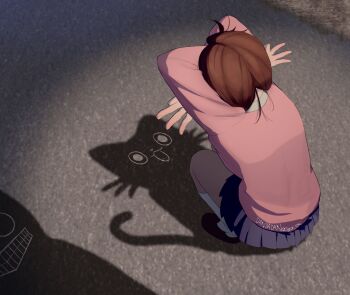 Rule 34 | 1girl, ayase momo, blue skirt, brown hair, cat shadow puppet (meme), crossed arms, dandadan, from above, full body, highres, meme, out of frame, pink sweater, pleated skirt, school uniform, shadow puppet, shirt, short hair, skirt, socks, squatting, sweater, syeon 3241, takakura ken (dandadan), takakura ken (transformed) (dandadan), teeth, white shirt, white socks