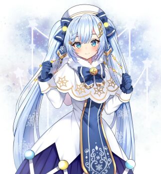 1girl bass_clef beret blue_bow blue_dress blue_eyes blue_gloves blue_hair blue_neckwear blue_tabard bow braid capelet christmas_lights commentary cowboy_shot dress eighth_note fortissimo fur-trimmed_capelet fur_trim gloves gold_trim hair_bow hair_ornament hairclip hands_up hat hatsune_miku highres jirafuru light_blue_hair long_hair looking_at_viewer musical_note musical_note_hair_ornament musical_note_print smile snowflake_print solo tabard treble_clef twintails very_long_hair vocaloid white_capelet white_dress white_hat yuki_miku yuki_miku_(2021)