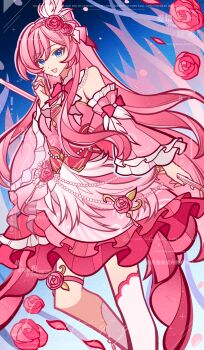 1girl absurdres bare_shoulders blue_eyes bow bowtie chinese_commentary chinese_text commentary_request detached_sleeves dress english_text feet_out_of_frame flower frilled_dress frilled_sleeves frills hair_flower hair_ornament hand_up highres long_hair looking_at_viewer megurine_luka mixed-language_text nius_invokation_tcg(style) open_mouth original petals pink_bow pink_bowtie pink_dress pink_flower pink_hair pink_rose pink_theme rose single_thighhigh sisan_eryi smile solo thigh_strap thighhighs very_long_hair watermark white_thighhighs