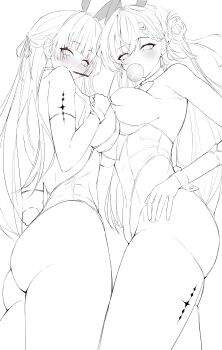 2girls absurdres alternate_costume animal_ears ass bare_shoulders blowing_bubble_gum blush braid braided_bangs breast_press breasts chewing_gum chisa_(wuthering_waves) commentary_request earrings fake_animal_ears fake_tail food food_in_mouth hair_ornament hair_ribbon highres jewelry korean_commentary large_breasts lastfor leotard lineart long_hair looking_at_viewer lynae_(wuthering_waves) multiple_girls playboy_bunny pocky pocky_in_mouth rabbit_ears rabbit_tail ribbon simple_background skull_hair_ornament star_(symbol) star_earrings symmetrical_docking tacet_mark_(wuthering_waves) tail thighs white_background wuthering_waves