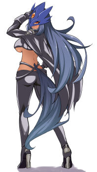 1girl absurdres ass beelstarmon beelstarmon_(cosplay) black_coat black_hair black_pants black_shirt breasts butt_crack coat commentary_request cosplay cropped_jacket dark-skinned_female dark_skin digimon digimon_(creature) eve_on_k eye_mask from_behind full_body highres hishi_amazon_(umamusume) large_breasts looking_at_viewer looking_back mask pants red_eyes shirt solo third_eye umamusume underboob