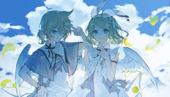 1boy 1girl :p ;) bare_shoulders black_ribbon blue_eyes blue_sky brother_and_sister capelet character_name closed_mouth cloud day double-parted_bangs dress feathered_wings grey_capelet hair_between_eyes hand_up highres kagamine_len kagamine_rin looking_at_viewer neck_ribbon number_tattoo one_eye_closed outdoors parted_bangs ribbon shoulder_tattoo siblings sky sleeveless sleeveless_dress smile tattoo tongue tongue_out twins upper_body v vocaloid white_dress white_wings wings zeriko