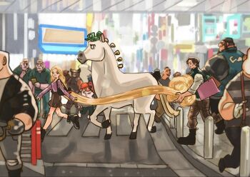 1girl 6+boys animal animal_on_head bag black_boots black_skirt blonde_hair boots brown_pantyhose city crosswalk flynn_rider full_body green_vest highres holding_another&#039;s_hair hook_hand horse lizard long_hair maximus_(tangled) multiple_boys on_head open_mouth pantyhose pascal_(tangled) purple_shirt rapunzel_(disney) shirt short_hair shoulder_bag skirt sleeves_rolled_up smile striped_clothes striped_shirt sweatdrop takeuchi_ryousuke tangled very_long_hair vest walking white_shirt