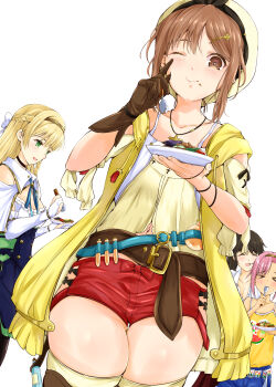 >_< 4girls absurdres atelier_(series) atelier_ryza atelier_ryza_1 belt beret black_pantyhose blonde_hair braid breasts brown_belt brown_eyes brown_gloves brown_hair commentary crossover dolphin_wave eating flask gloves green_eyes hat highres jacket jewelry klaudia_valentz large_breasts leather_belt long_hair looking_at_viewer mole mole_under_mouth multiple_girls necklace one_eye_closed pantyhose pink_hair ponytail red_shorts reisalin_stout round-bottom_flask ryou.r shirt short_hair short_shorts shorts single_glove sleeveless sleeveless_jacket sleeveless_shirt smile star_(symbol) star_necklace thigh_gap thighs urami_kana vial white_background white_hat yamaba_yume yellow_jacket yellow_shirt