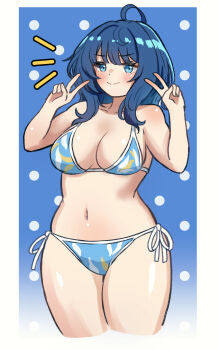 Rule 34 | 1girl, arms up, bikini, blue bikini, blue eyes, blue hair, blush, breasts, cleavage, double v, half-closed eyes, highres, large breasts, legs, looking at viewer, make heroine ga oo sugiru!, medium hair, side-tie bikini bottom, sideboob, smile, solo, swimsuit, thighs, v, yanami anna