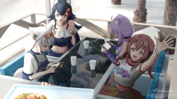 +_+ 1other 4girls :d ahoge animal_collar animal_ear_fluff animal_ears arm_up artist_name beach beach_house belt black_choker black_hair black_shirt blue_eyes blue_overalls blue_shorts bone_hair_ornament bracelet braid brown_eyes brown_hair chair choker clenched_teeth collar commentary_request crop_top cup denim denim_overalls denim_shorts eyewear_on_head fangs food fox_ears fox_girl fox_tail frilled_shirt frills hair_ornament handheld_game_console highres holding holding_handheld_game_console hololive holonatsu_paradise inugami_korone inugami_korone_(holonatsu_paradise) jewelry long_hair looking_at_another looking_at_viewer medium_hair midriff multicolored_hair multiple_girls navel nekomata_okayu nekomata_okayu_(holonatsu_paradise) off-shoulder_shirt off_shoulder on_chair ookami_mio ookami_mio_(holonatsu_paradise) open_mouth orange-tinted_eyewear overalls palm_tree plate playing_games pov print_shirt purple_arm_warmers purple_belt purple_eyes purple_hair purple_shirt red_collar red_streaks reflective_surface shirakami_fubuki shirakami_fubuki_(holonatsu_paradise) shirata98 shirt short_hair short_sleeves shorts sidelocks sitting skirt smile streaked_hair t-shirt table tail teeth tinted_eyewear tree twin_braids very_long_hair virtual_youtuber waiter watermark white_shirt wolf_ears wolf_girl yellow_eyes yellow_skirt