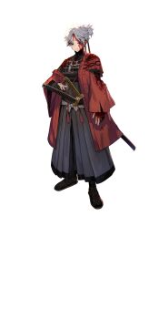 1boy armor black_gloves black_hakama black_kimono black_socks blood blood_on_clothes blood_on_face blue_eyes fate/grand_order fate_(series) full_body gloves hakama haori highres japanese_armor japanese_clothes katana kimono lack looking_at_viewer male_focus official_art partially_fingerless_gloves ponytail red_haori sandals scar scar_on_face scar_on_forehead shinsengumi short_hair socks solo standing sword tachi-e third-party_source torn_clothes toudou_heisuke_(fate) transparent_background turtleneck variant_set weapon white_hair