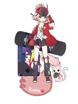1girl aqua_hair ashui3_shuo bad_source baseball_cap black_skirt cat english_text hat highres honkai:_star_rail honkai_(series) horns jacket multicolored_hair pink_hair ponytail rappa_(honkai:_star_rail) red_jacket shirt skateboard skirt smile solo streaked_hair tail white_shirt
