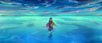 1boy belt black_hair black_jacket black_pants black_socks blue_eyes buttons cloud commentary_request demon_slayer_uniform empty_eyes full_body gold_buttons hair_between_eyes haori high_collar highres holding holding_sword holding_weapon jacket japanese_clothes katana kikkoumon kimetsu_no_yaiba long_hair low_ponytail male_focus pants ponytail print_haori red_haori sandals scenery socks solo spiked_hair standing sword tofu_mame tomioka_giyuu water weapon white_belt