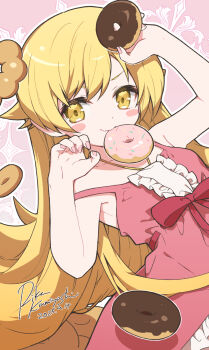 1girl blonde_hair center_frills commentary_request donut dress fang flat_chest flipped_hair food food_in_mouth frills hair_flaps highres holding holding_food kamiyoshi_rika long_hair looking_at_viewer monogatari_(series) oshino_shinobu pink_background pink_dress ribbon-trimmed_dress ribbon_trim skin_fang smile solo yellow_eyes