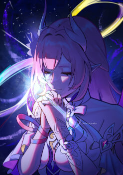 1girl bare_shoulders breasts closed_eyes closed_mouth cyrene_(honkai:_star_rail) cyrene_(ripples_of_past_reverie)_(honkai:_star_rail) dress hair_ornament highres honkai:_star_rail honkai_(series) long_hair medium_breasts mobius_strip own_hands_clasped own_hands_together pink_hair pointy_ears solo supershrimpcakes white_dress