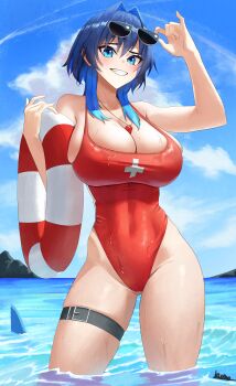 Rule 34 | 1girl, absurdres, adjusting eyewear, baywatch, beach, blue eyes, blue hair, blue sky, breasts, cleavage, cloud, commentary, contrapposto, covered navel, day, english commentary, eyewear on head, highres, holding, holding swim ring, hololive, hololive english, innertube, kuraodo 0, large breasts, lifebuoy, lifeguard, long hair, looking at viewer, medium hair, ocean, one-piece swimsuit, ouro kronii, outdoors, red one-piece swimsuit, shark fin, short hair, sky, smile, solo, sunglasses, swim ring, swimsuit, thighs, virtual youtuber, water, whistle, whistle around neck, wolf cut