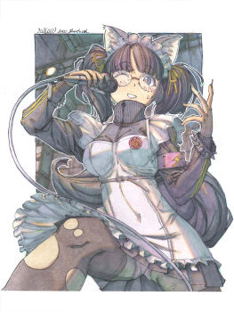 1girl animal_ear_fluff animal_ears apron armband blush bracelet breasts brown_eyes brown_hair commentary_request dated fingernails fox_ears fox_girl fox_tail frilled_apron frills gluteal_fold highres holding holding_microphone indoors industrial jacket jersey_maid jewelry long_fingernails looking_at_viewer maid maid_apron maid_headdress making-of_available marker_(medium) medium_breasts meiz microphone multicolored_hair nervous_sweating one_eye_closed original outline painting_(medium) panties pantyshot parted_bangs pleated_skirt punk shikishi skirt solo spiked_bracelet spikes streaked_hair sweat sweatdrop tail thighhighs torii torn_clothes torn_thighhighs track_jacket traditional_media turtleneck turtleneck_jacket twintails unconventional_maid underwear watercolor_(medium) white_apron white_outline