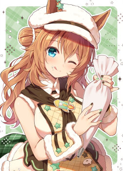 1girl animal_ears blonde_hair blue_eyes blush breasts brown_neckerchief closed_mouth commentary_request earrings ears_through_headwear food food_on_face hair_between_eyes hair_bun hat holding holding_pastry_bag horse_ears horse_girl horse_tail jewelry large_breasts long_hair looking_at_viewer mauve neckerchief official_alternate_costume official_alternate_hairstyle one_eye_closed pastry_bag shirt skirt sleeveless sleeveless_shirt smile solo star_(symbol) star_earrings taiki_shuttle_(baa_baa_patisserie)_(umamusume) taiki_shuttle_(umamusume) tail tongue tongue_out umamusume