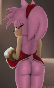 1girl absurdres amy_rose artist_name ass clothes_lift clothes_pull embarrassed female_focus furry furry_female green_eyes greystwitpage highres lifting_own_clothes looking_at_viewer looking_back no_panties pink_hair presenting sega skirt skirt_lift skirt_pull small_tail solo sonic_(series) sonic_frontiers tail twitter_username