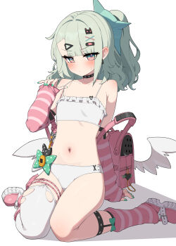 1girl absurdres backpack bag bandaid bandaid_hair_ornament bra flat_chest green_eyes green_hair hair_ornament heart heart_in_eye highres looking_at_viewer medium_hair navel panties petite ponytail randoseru simple_background single_thighhigh solo stomach sunna_(zenless_zone_zero) symbol_in_eye thighhighs torn_clothes torn_thighhighs underwear w.k white_background white_bra white_panties white_thighhighs white_wings wings zenless_zone_zero