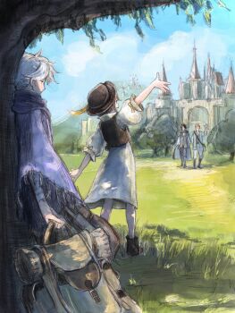 1girl 3boys against_tree alfyn_greengrass bag blue_sky brown_hat castle cloak cloud commentary_request cyrus_albright hat hat_feather highres holding holding_bag multiple_boys octopath_traveler octopath_traveler_i on_grass outdoors purple_cloak qqqqqli sky standing therion_(octopath_traveler) tree tressa_(octopath_traveler) tressa_colzione waving white_hair windmill