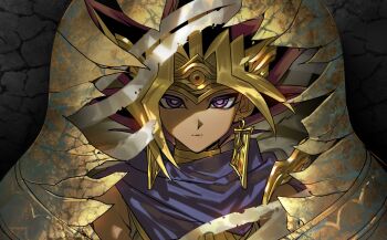 1boy ancient_egyptian ankh atem bandages black_hair blonde_hair bright_pupils circlet closed_mouth colored_bangs dark-skinned_male dark_skin earrings expressionless eye_of_horus gold_earrings highres jewelry looking_at_viewer male_focus moemoenomori multicolored_hair pharaoh purple_eyes purple_hair sarcophagus shade solo straight-on white_pupils yu-gi-oh! yu-gi-oh!_duel_monsters