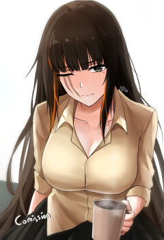 1girl absurdres aditdauw black_eyes black_skirt blunt_bangs breasts brown_hair closed_mouth collarbone commentary commission cup disheveled english_commentary girls'_frontline hair_down highres holding holding_cup large_breasts long_hair long_sleeves looking_at_viewer m16a1_(girls'_frontline) mole mole_under_eye multicolored_hair no_eyepatch one_eye_closed scar scar_across_eye scar_on_face shirt simple_background skirt solo upper_body yellow_shirt