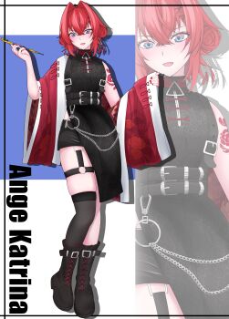 1girl absurdres ange_katrina ange_katrina_(china_dress) arm_tattoo belt black_belt black_boots black_dress black_shorts black_thighhighs blue_background blue_eyes blush boots chain character_name china_dress chinese_clothes commentary_request crossed_bangs double_bun dress drop_shadow eyeshadow floral_print_jacket full_body gradient_eyes hair_between_eyes hair_bun hair_intakes hair_ornament hands_up highres holding holding_smoking_pipe jacket kirisax kiseru lace-up_boots long_sleeves looking_at_viewer makeup multicolored_eyes multiple_belts nail_polish nijisanji o-ring o-ring_thigh_strap open_mouth pankou pink_eyeshadow purple_eyes red_hair red_jacket red_nails short_dress shorts side_slit single_off_shoulder single_thighhigh skindentation sleeveless sleeveless_dress smile smoking_pipe solo tassel tassel_hair_ornament tattoo thigh_strap thighhighs virtual_youtuber white_background wide_sleeves x_hair_ornament zoom_layer
