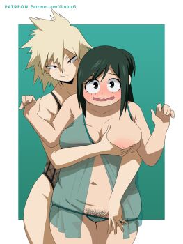 2girls artist_name bakugou_mitsuki blonde_hair blush boku_no_hero_academia breasts cowboy_shot eye_contact felipe_godoy full-face_blush grabbing_another&#039;s_breast grabbing_from_behind green_eyes green_hair groping highleg highres hug large_breasts long_hair looking_at_another looking_at_viewer mature_female medium_hair midoriya_inko multiple_girls nightgown nipples plump pubic_hair red_eyes see-through_clothes simple_background smile spiked_hair standing undressing_another watermark yuri
