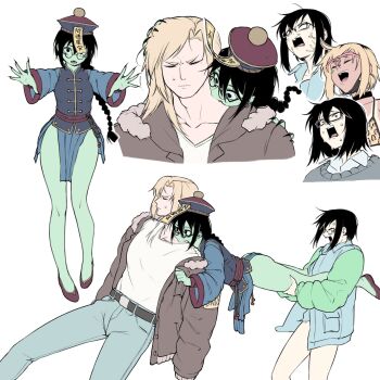 1boy 4girls anger_vein animal_print ass bikini bikini_tan biting black_hair black_mask blank_eyes blonde_hair blue_jacket braid braided_ponytail breasts brown_bikini brown_jacket chinese_clothes colored_skin commentary denim earrings english_commentary fangs glasses green_skin grey_sweater hat highres hoop_earrings jacket jeans jewelry jiangshi leopard_print long_hair mask_pull medium_breasts medium_hair multicolored_hair multiple_girls multiple_persona neck_biting ofuda original outstretched_arms pants pelvic_curtain pink-framed_eyewear pulling qingdai_guanmao roots_(hair) round_eyewear single_braid sweat sweater swimsuit tan tanline two-tone_hair very_long_hair yblndr zombie_pose