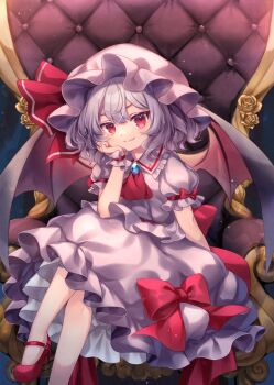 1girl ascot bat_wings bow brooch chair closed_mouth fang fang_out foot_out_of_frame frilled_shirt_collar frilled_skirt frills grey_hair grey_shirt grey_skirt hand_on_own_cheek hand_on_own_face hat hat_ribbon highres jewelry light_smile looking_at_viewer medium_hair mimi_(mimi_puru) mob_cap puffy_short_sleeves puffy_sleeves red_ascot red_bow red_ribbon red_shoes remilia_scarlet ribbon shirt shoes short_sleeves sitting sitting_on_throne skin_fang skirt skirt_set solo throne touhou wings wrist_cuffs