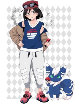 Rule 34 | 1boy, argyle background, black-framed eyewear, black hair, blue shirt, brown jacket, calem (pokemon), closed mouth, commentary request, cosplay, eyewear on headwear, gen 6 pokemon, grey eyes, hand on own hip, hat, holding, holding poke ball, jacket, male focus, meowstic, nintendo, off shoulder, pants, pink shoes, poke ball, poke ball (basic), pokemon, pokemon (creature), pokemon legends: z-a, pokemon xy, red hat, sana (37pisana), shirt, shoes, short hair, sleeveless, sleeveless shirt, smile, sparkle, split mouth, standing, sunglasses, urbain (pokemon), urbain (pokemon) (cosplay)