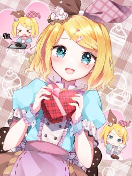 Rule 34 | 1girl, :d, apron, baking, blue eyes, blue shirt, blush, bow, box, brown background, brown bow, brown skirt, chibi, chibi inset, commentary request, dutch angle, gift, hair bow, hair ornament, hairclip, heart, heart-shaped box, highres, holding, holding gift, kagamine rin, looking at viewer, mani (manidrawings), medium hair, open mouth, parallel hairclips, pink apron, pink bow, plaid background, project sekai, puffy short sleeves, puffy sleeves, shirt, short sleeves, sidelocks, skirt, smile, solo focus, squiggle, swept bangs, upper body, valentine, vocaloid, wrist cuffs