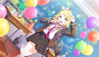 +_+ 1girl :d aqua_eyes bass_guitar black_choker blonde_hair blush bow bow_hairband brown_shoes brown_skirt chips_(food) chocolate choker collared_shirt colorful_palette cup cymbals desk disposable_cup drawstring dutch_angle fingernails food game_cg grey_jacket hair_ornament hairband hairclip hat highres initial instrument jacket kagamine_rin keyboard_(instrument) leg_up leg_warmers leo/need_rin nail_polish necktie official_art open_clothes open_jacket open_mouth party_hat pink_necktie plaid_clothes plaid_skirt pleated_skirt pocky project_sekai shirt shirt_tucked_in shoes skirt smile solo sparkle star_(symbol) star_balloon third-party_source tongue unsteady_still_steady_step_(project_sekai) v vocaloid white_bow white_leg_warmers white_shirt x_hair_ornament yellow_nails